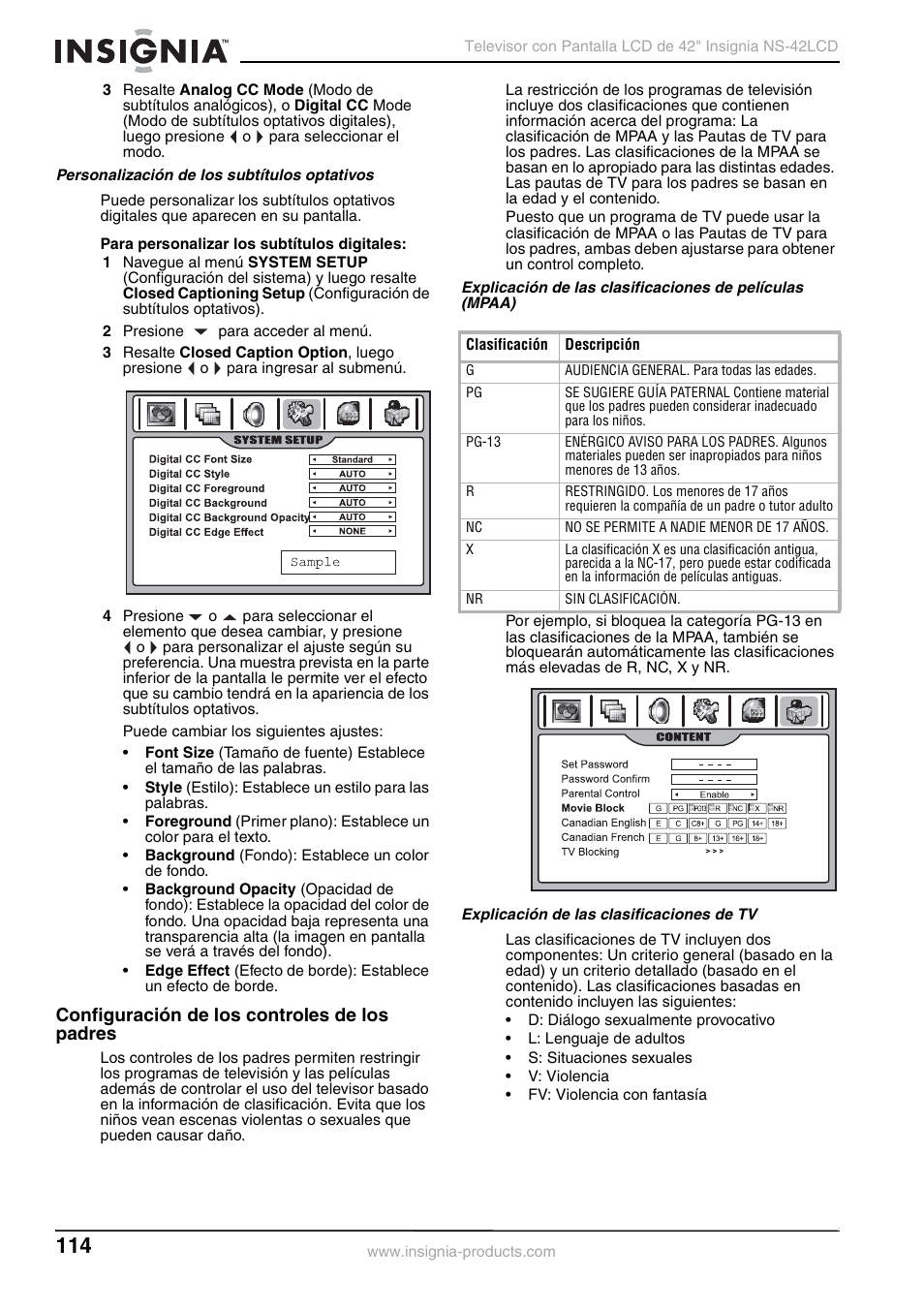 Configuración de los controles de los padres | Insignia NS-42 User Manual | Page 114 / 124