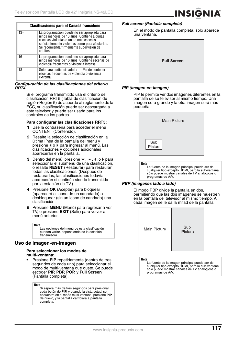 Uso de imagen-en-imagen | Insignia NS-42 User Manual | Page 117 / 124