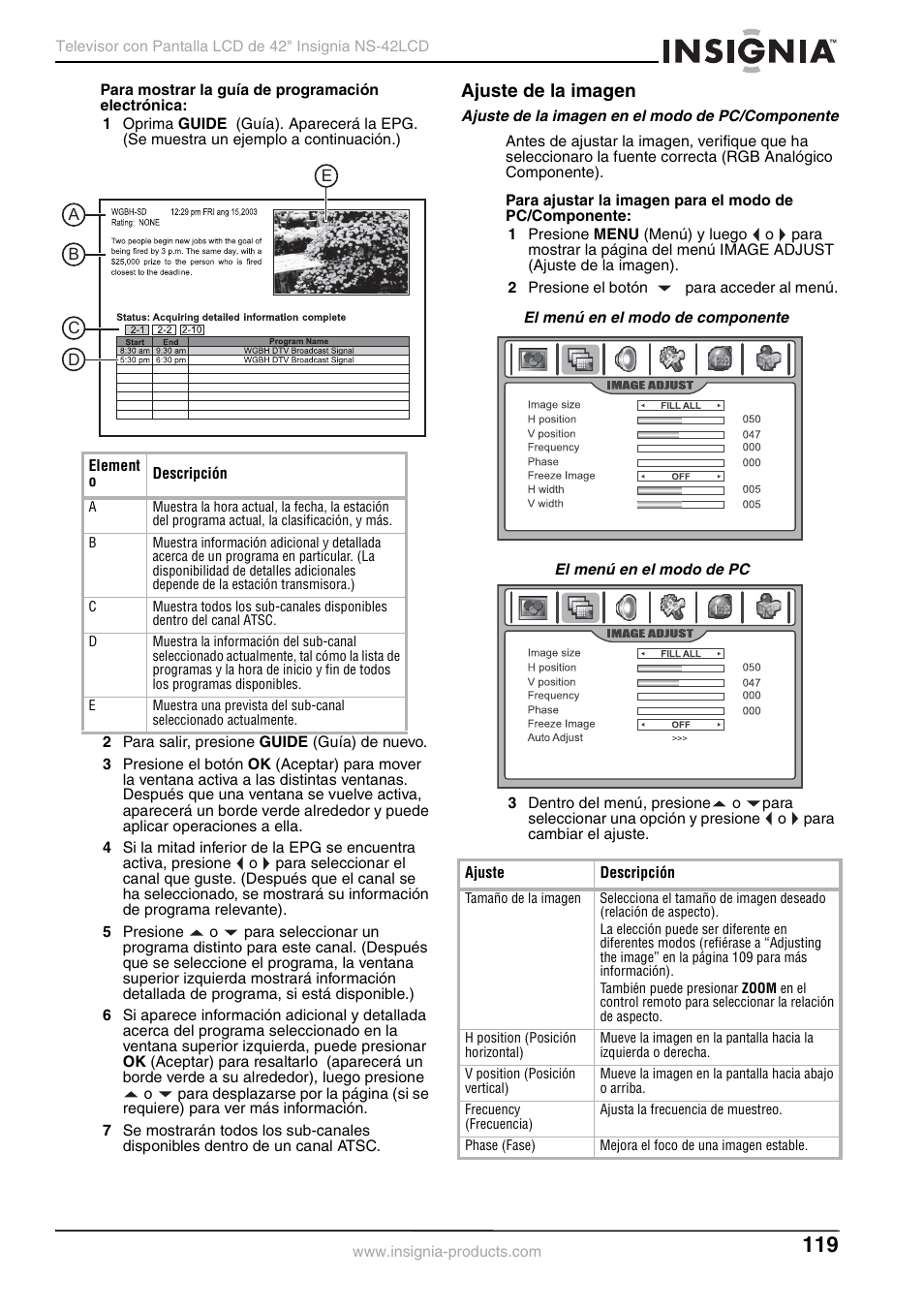 Ajuste de la imagen | Insignia NS-42 User Manual | Page 119 / 124
