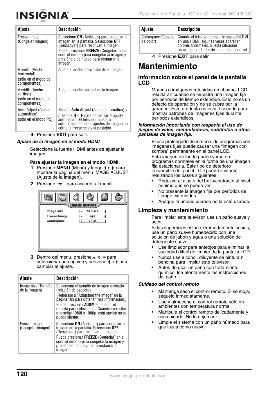 Mantenimiento, Información sobre el panel de la pantalla lcd, Limpieza y mantenimiento | Insignia NS-42 User Manual | Page 120 / 124