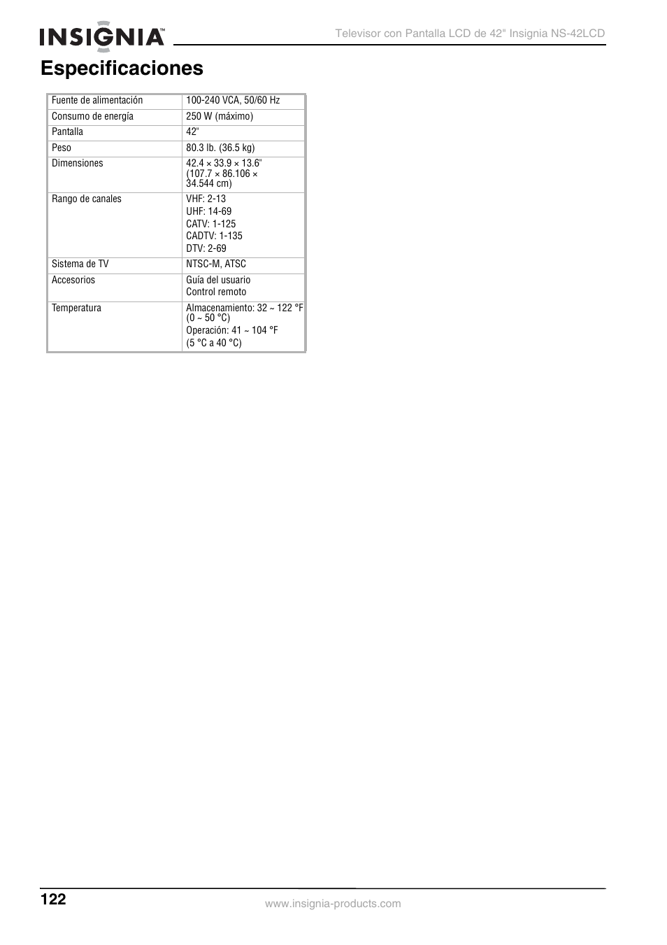 Especificaciones | Insignia NS-42 User Manual | Page 122 / 124
