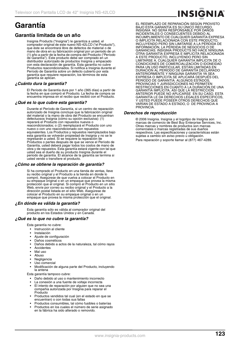 Garantía, Garantía limitada de un año | Insignia NS-42 User Manual | Page 123 / 124