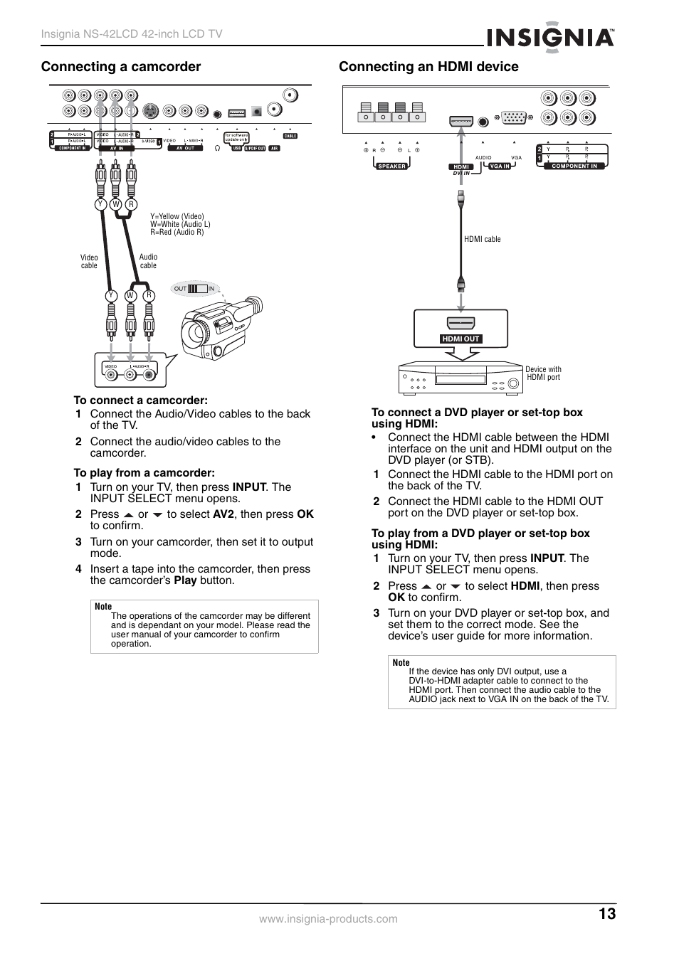 Connecting a camcorder, Connecting an hdmi device | Insignia NS-42 User Manual | Page 13 / 124