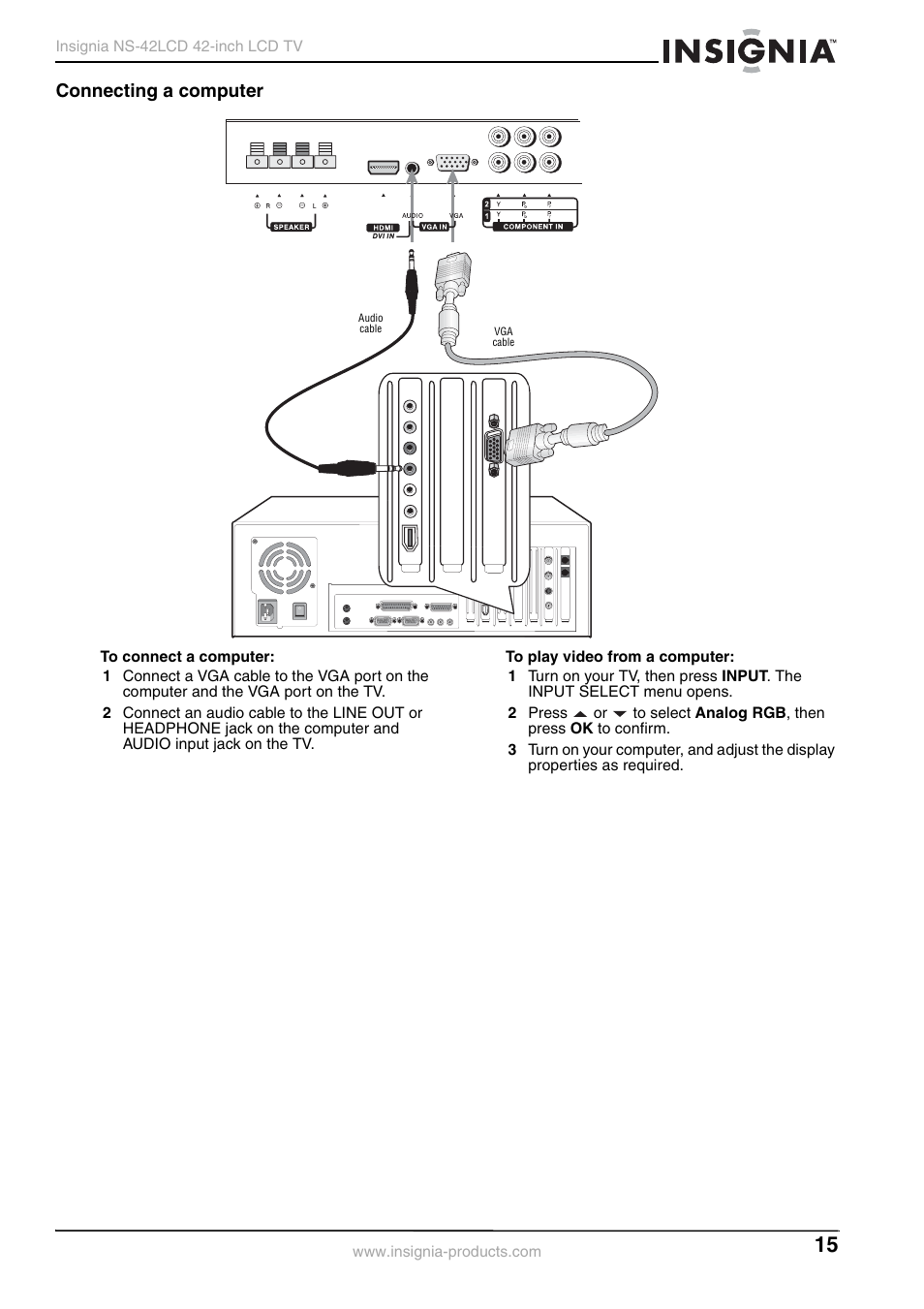 Connecting a computer | Insignia NS-42 User Manual | Page 15 / 124