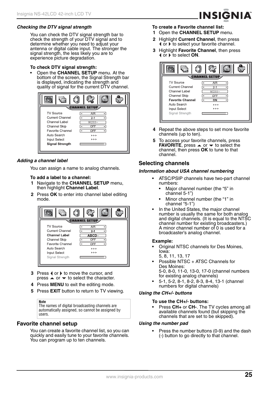 Favorite channel setup, Selecting channels | Insignia NS-42 User Manual | Page 25 / 124