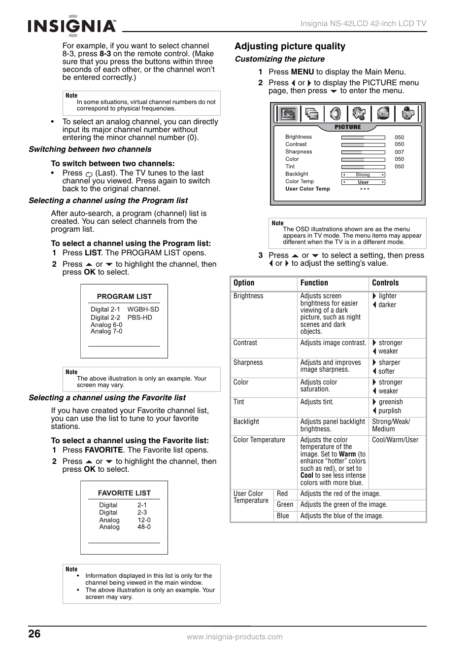 Adjusting picture quality | Insignia NS-42 User Manual | Page 26 / 124