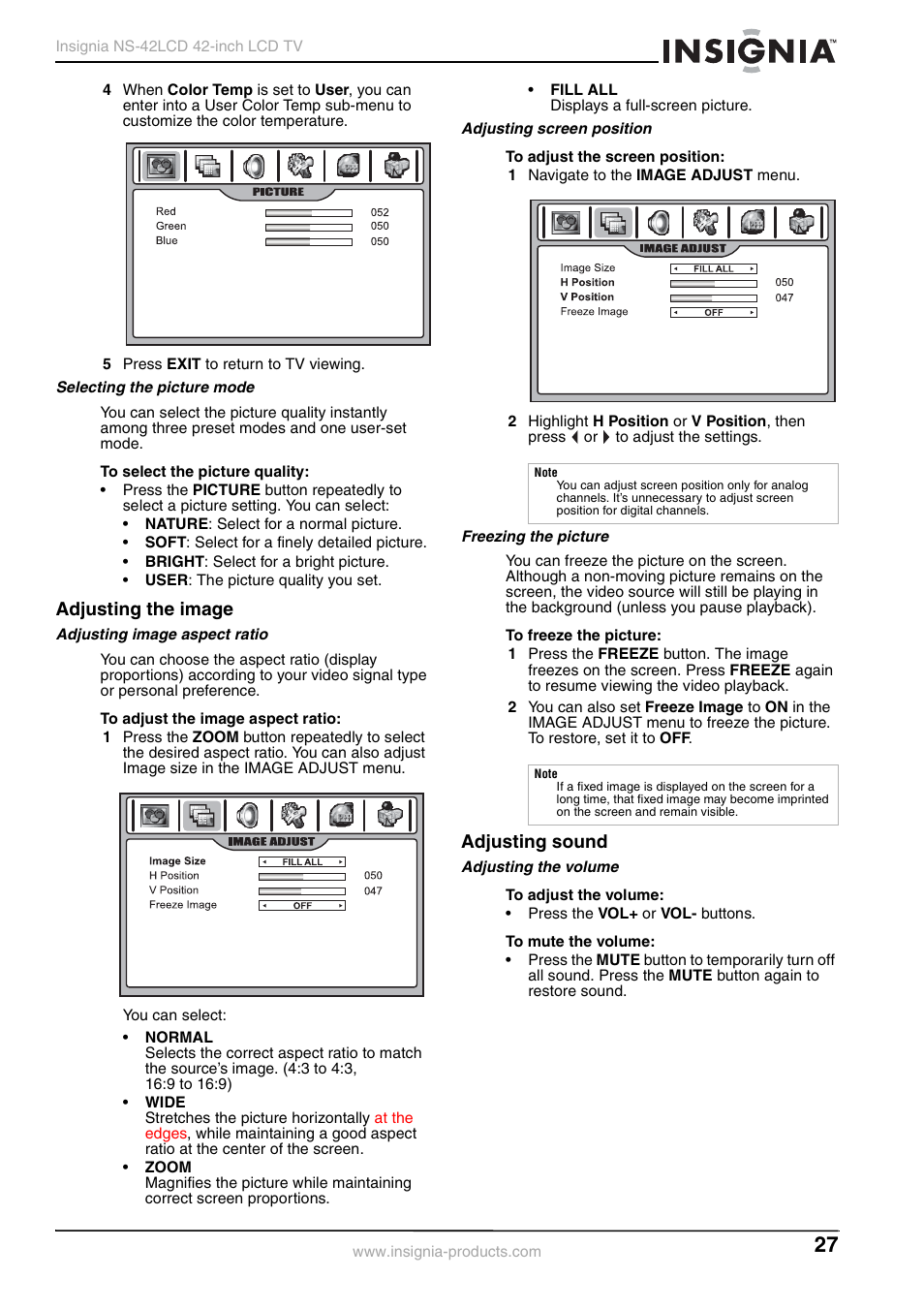 Adjusting the image, Adjusting sound | Insignia NS-42 User Manual | Page 27 / 124
