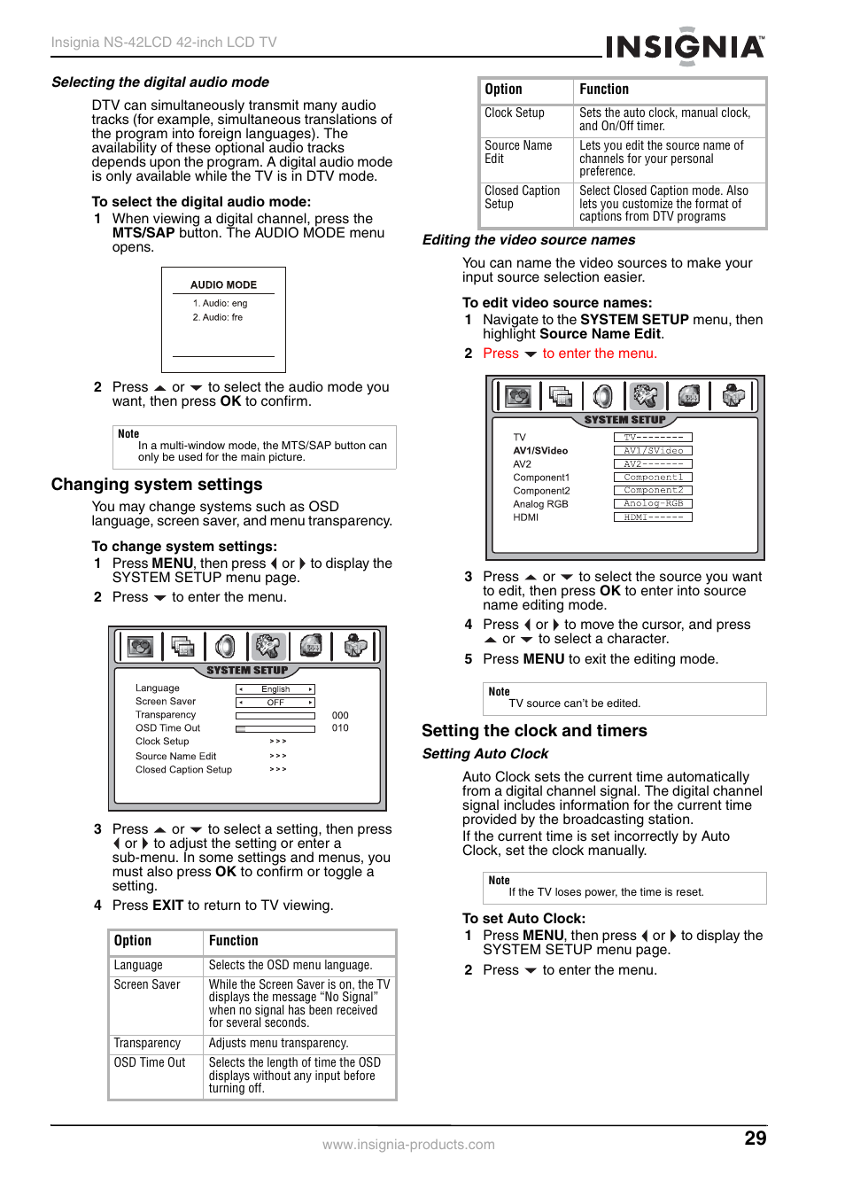 Changing system settings, Setting the clock and timers | Insignia NS-42 User Manual | Page 29 / 124
