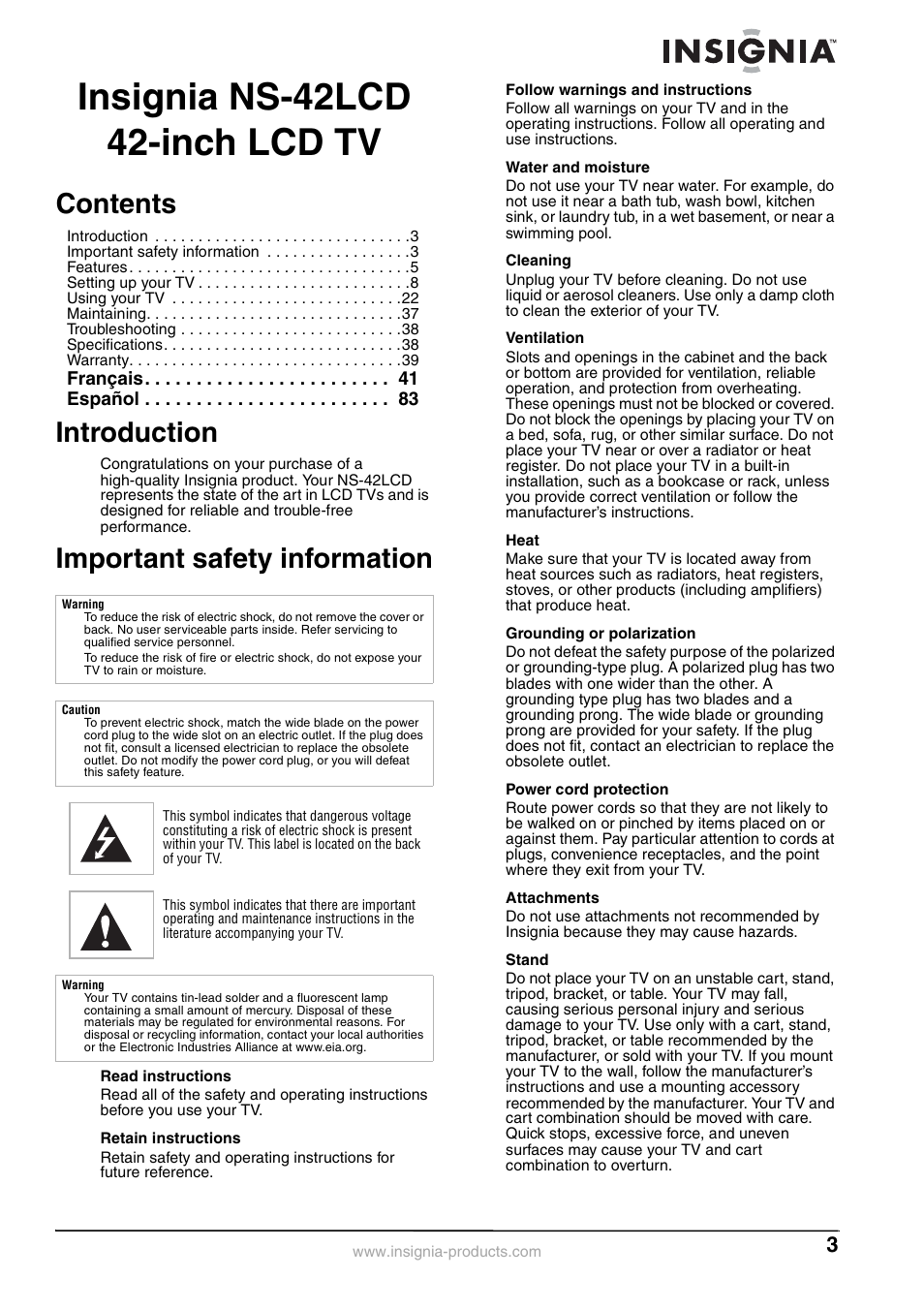 Insignia NS-42 User Manual | Page 3 / 124