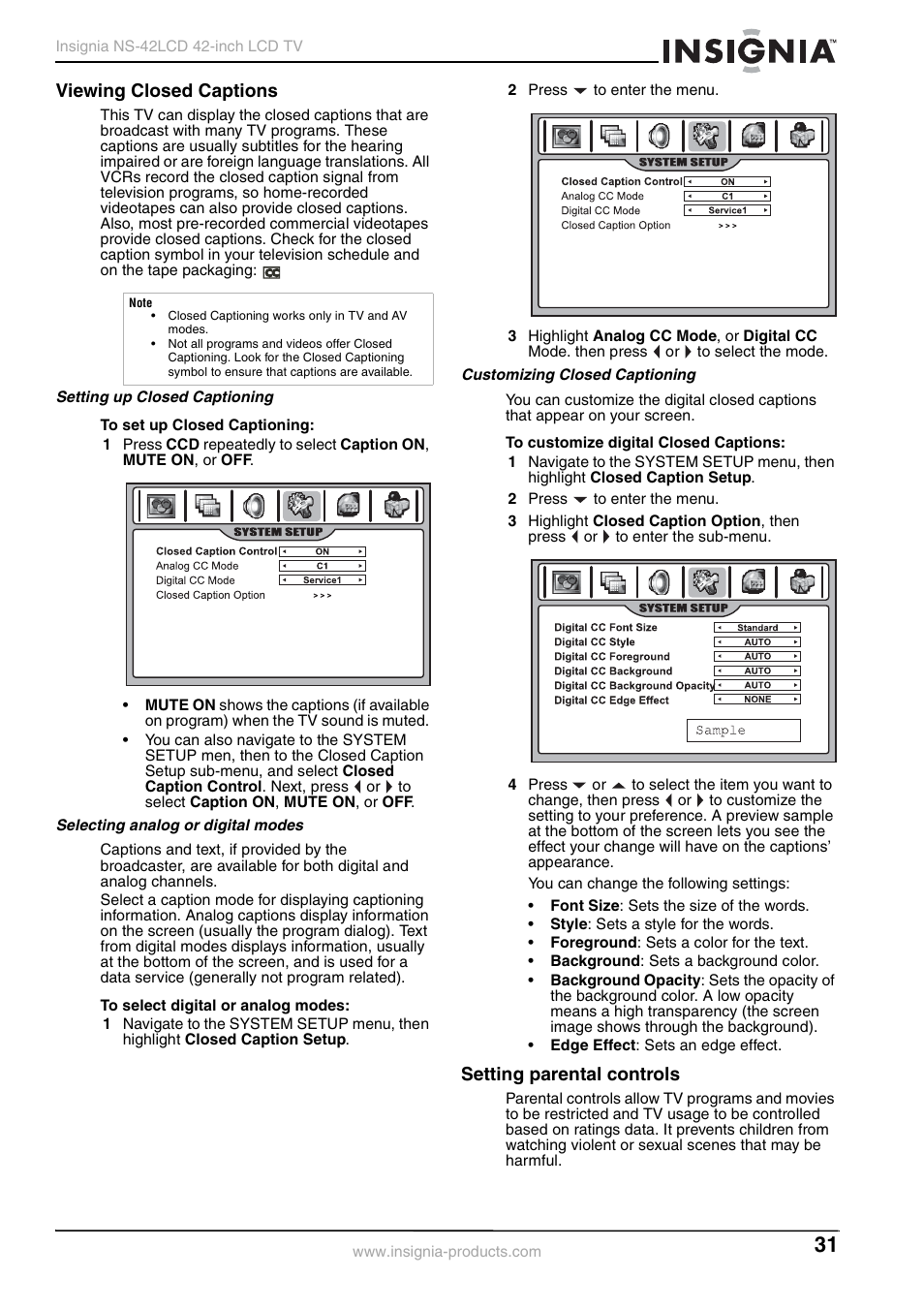 Viewing closed captions, Setting parental controls | Insignia NS-42 User Manual | Page 31 / 124