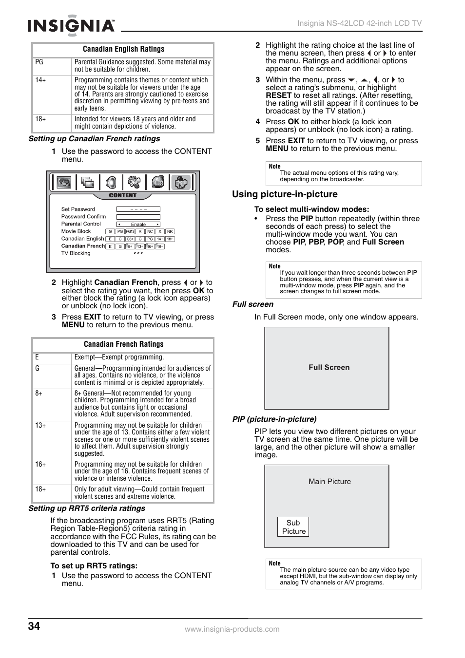 Using picture-in-picture | Insignia NS-42 User Manual | Page 34 / 124