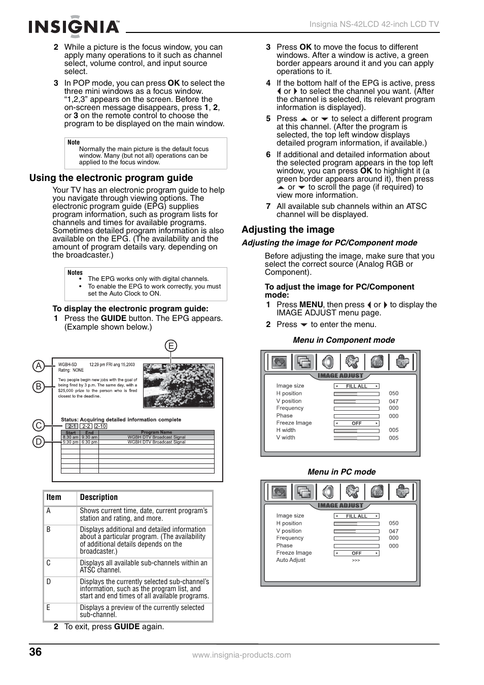 Using the electronic program guide, Adjusting the image | Insignia NS-42 User Manual | Page 36 / 124