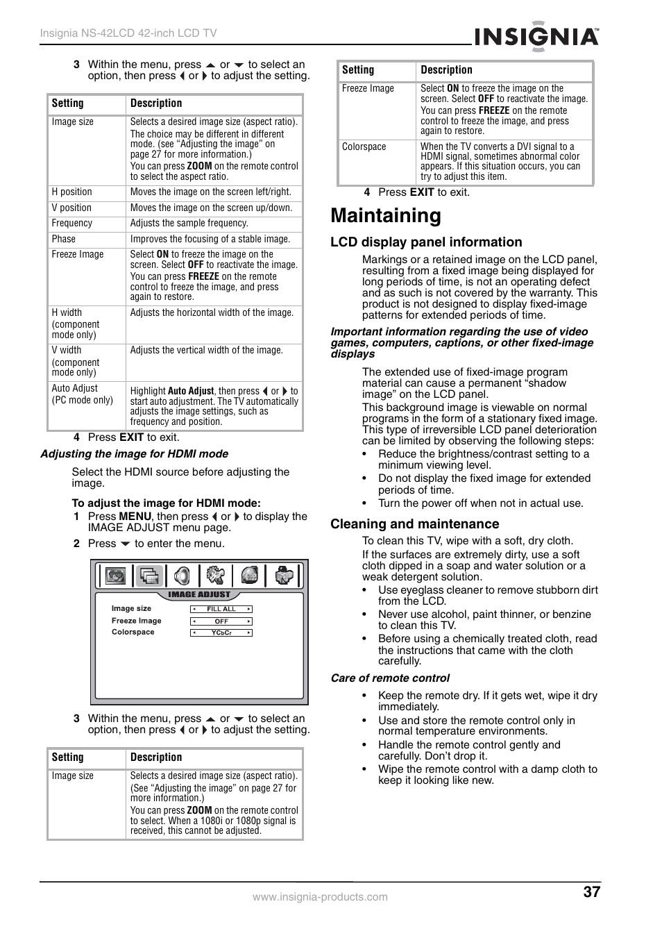 Maintaining, Lcd display panel information, Cleaning and maintenance | Insignia NS-42 User Manual | Page 37 / 124