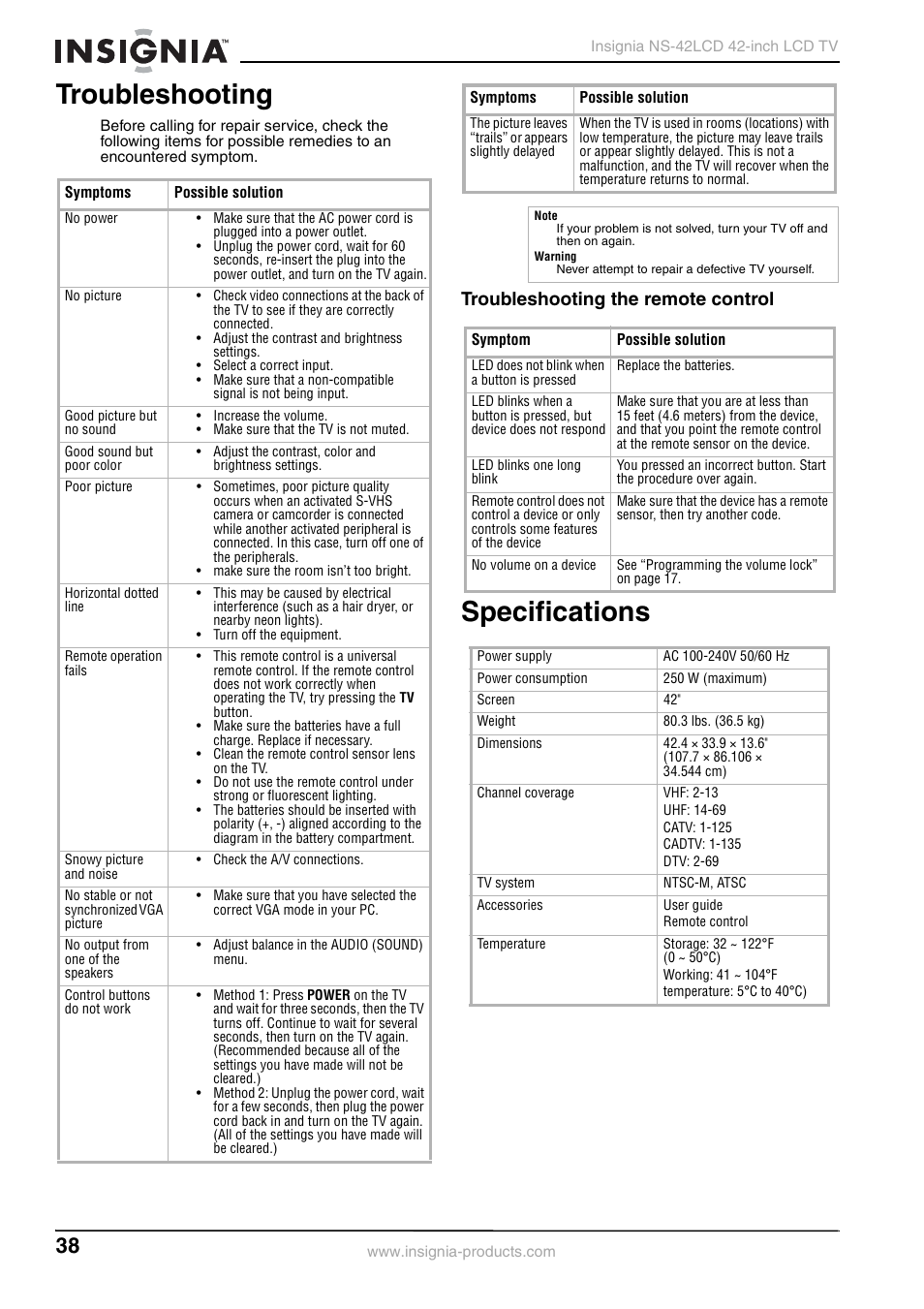 Troubleshooting, Specifications, Troubleshooting the remote control | Insignia NS-42 User Manual | Page 38 / 124