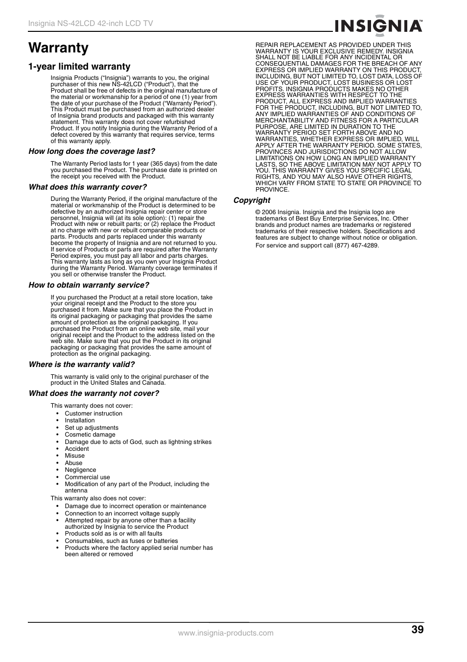 Warranty, Year limited warranty | Insignia NS-42 User Manual | Page 39 / 124