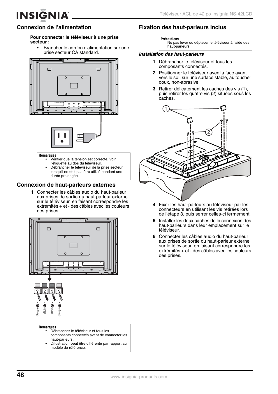 Connexion de l’alimentation, Connexion de haut-parleurs externes, Fixation des haut-parleurs inclus | Insignia NS-42 User Manual | Page 48 / 124