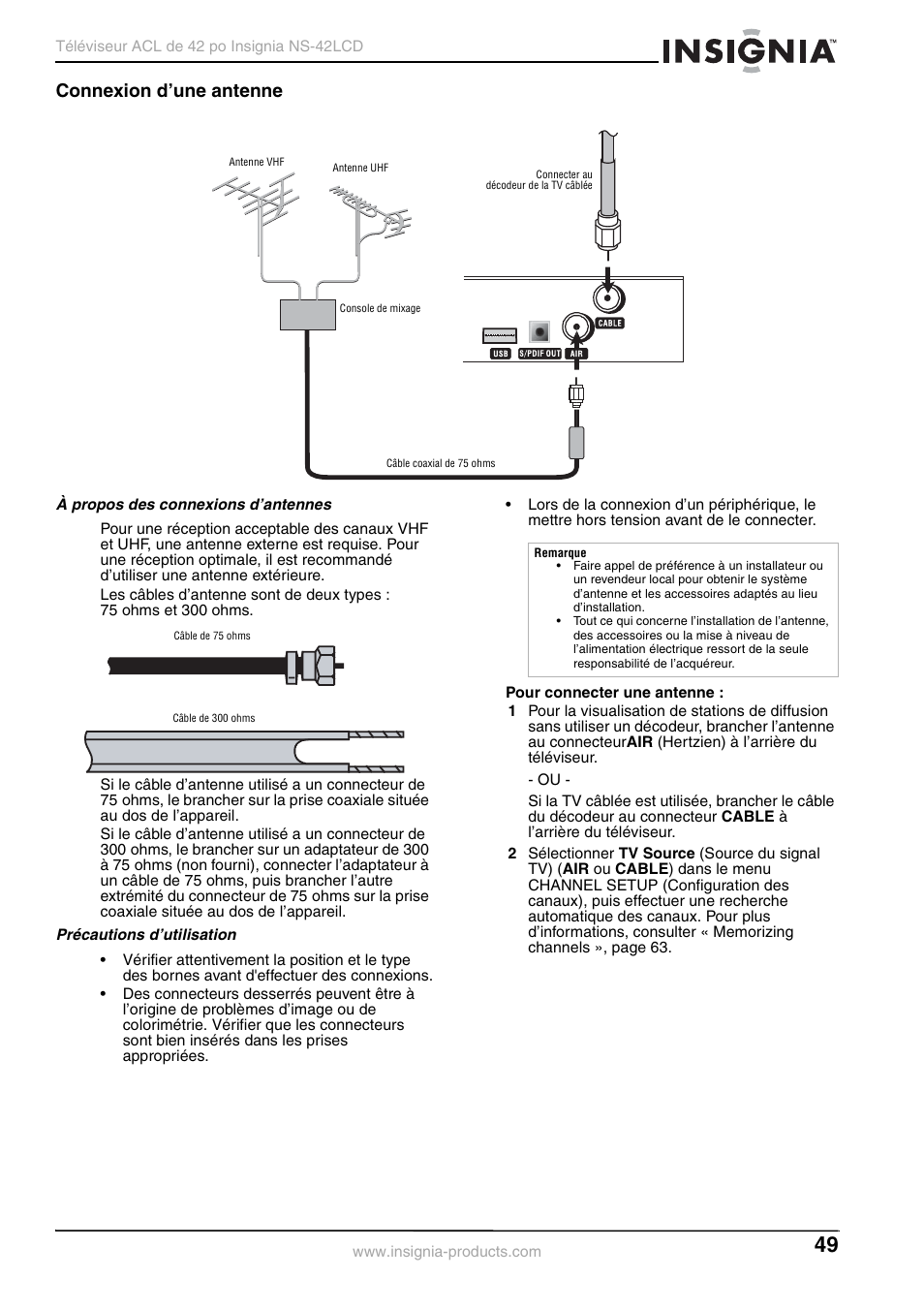 Connexion d’une antenne | Insignia NS-42 User Manual | Page 49 / 124