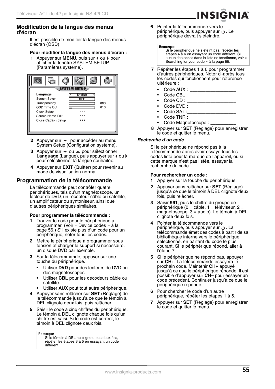 Modification de la langue des menus d'écran, Programmation de la télécommande | Insignia NS-42 User Manual | Page 55 / 124