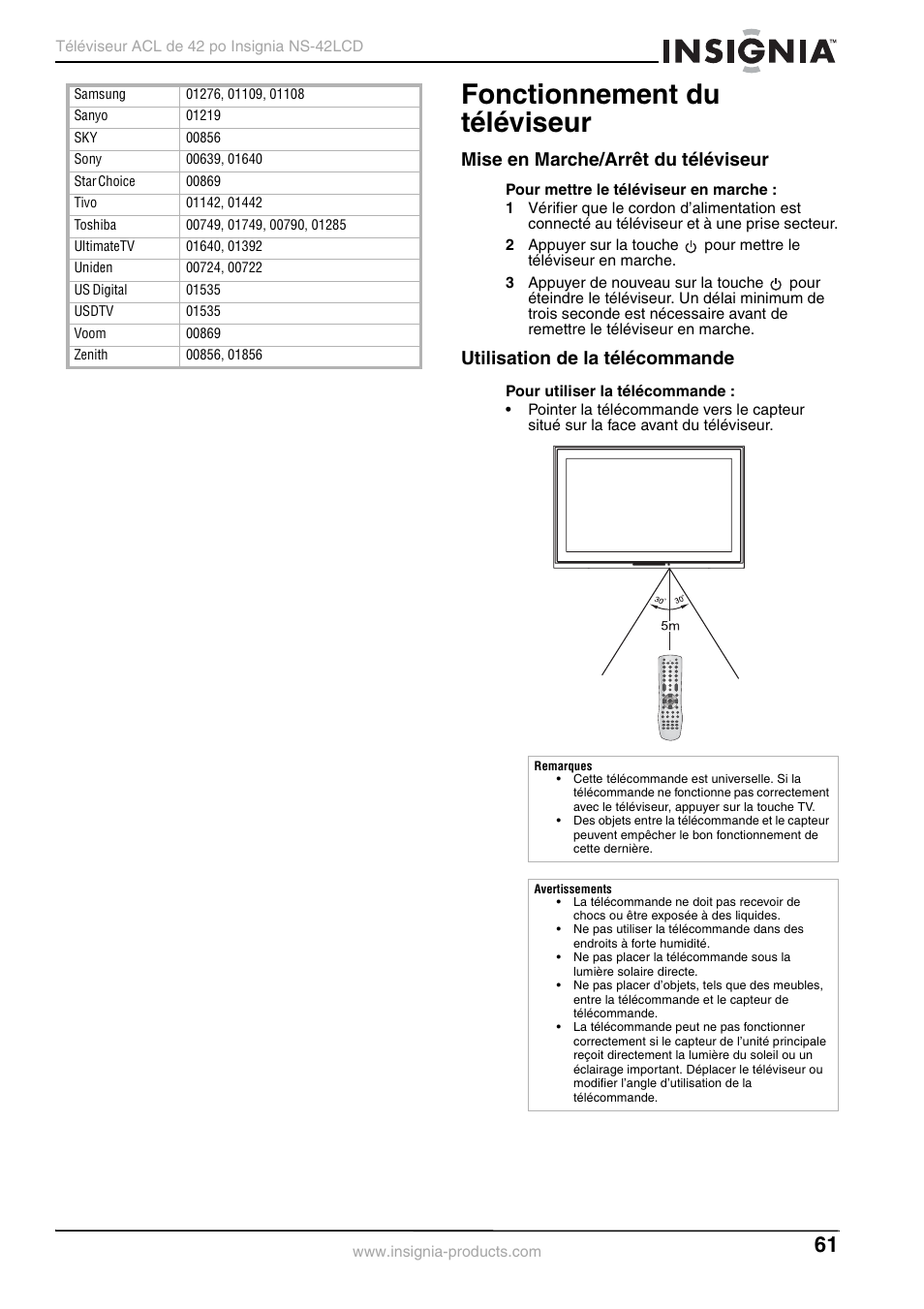 Fonctionnement du téléviseur, Mise en marche/arrêt du téléviseur, Utilisation de la télécommande | Insignia NS-42 User Manual | Page 61 / 124