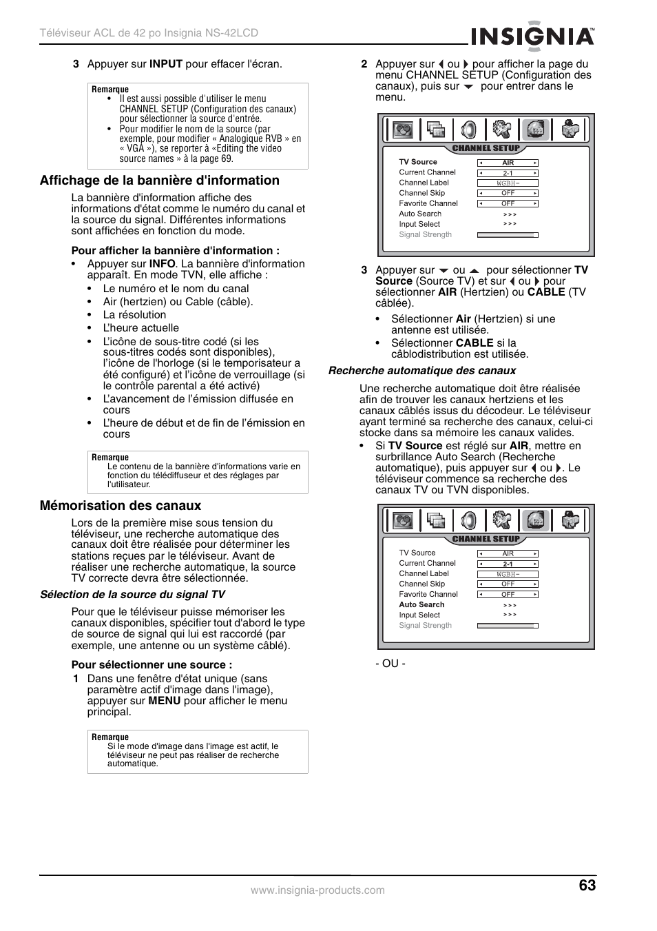 Affichage de la bannière d'information, Mémorisation des canaux | Insignia NS-42 User Manual | Page 63 / 124