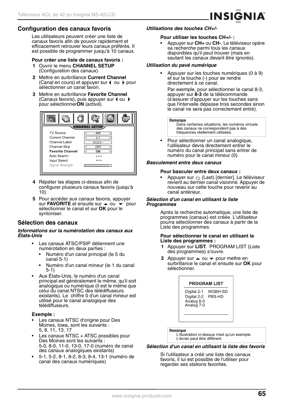 Configuration des canaux favoris, Sélection des canaux | Insignia NS-42 User Manual | Page 65 / 124