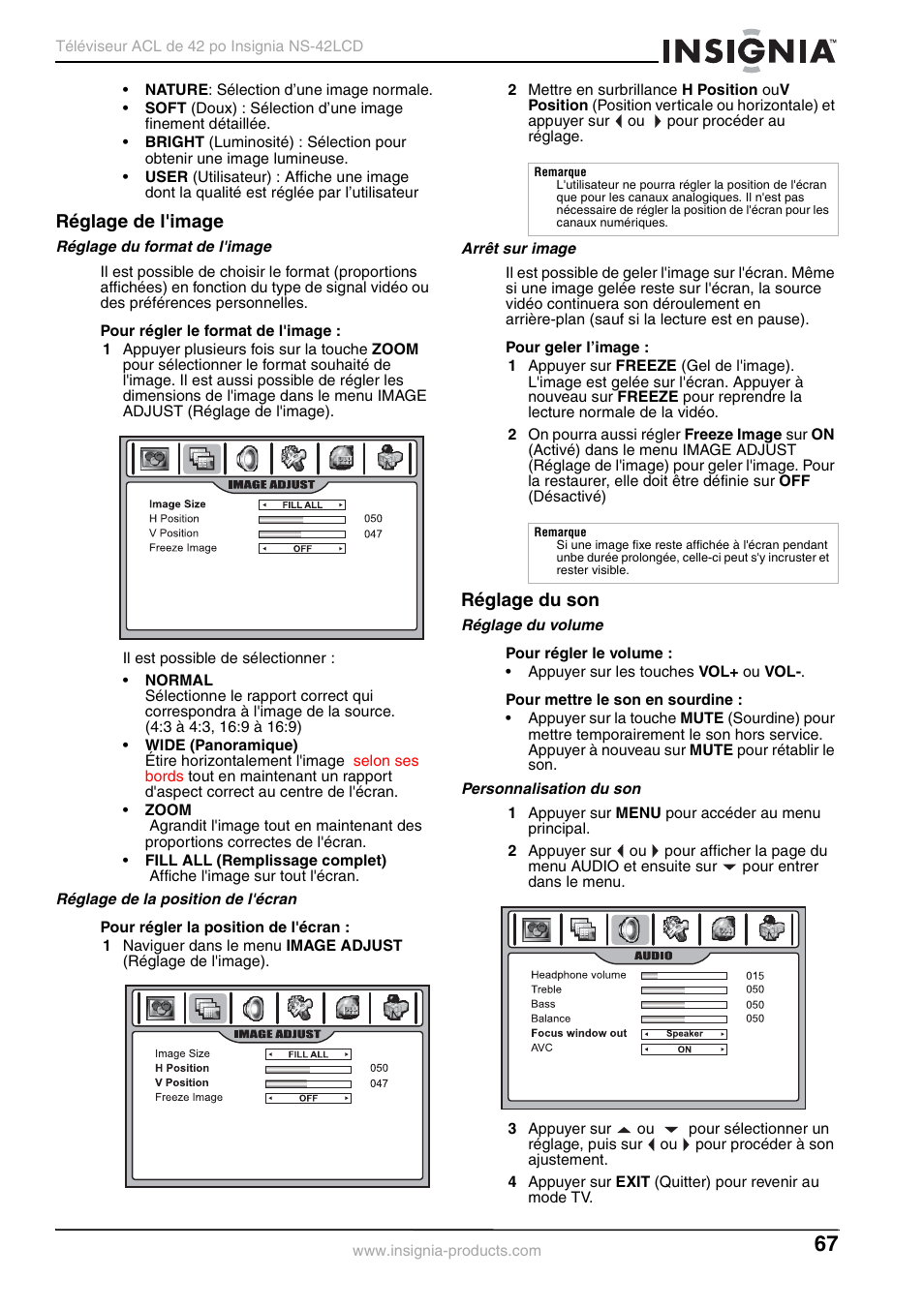 Réglage de l'image, Réglage du son | Insignia NS-42 User Manual | Page 67 / 124