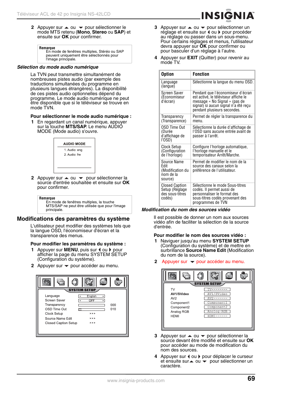 Modifications des paramètres du système | Insignia NS-42 User Manual | Page 69 / 124