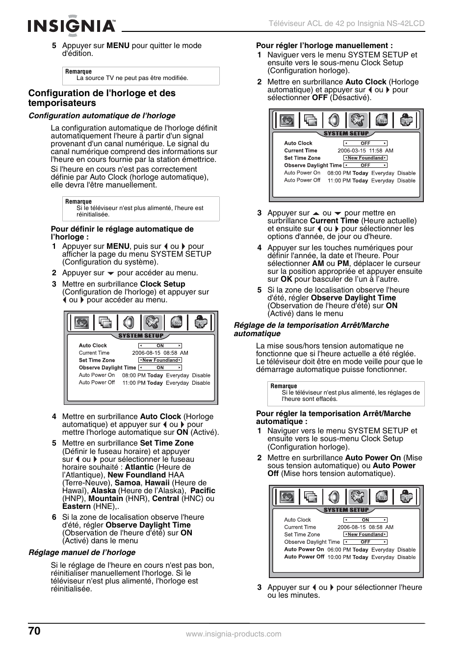 Configuration de l'horloge et des temporisateurs | Insignia NS-42 User Manual | Page 70 / 124