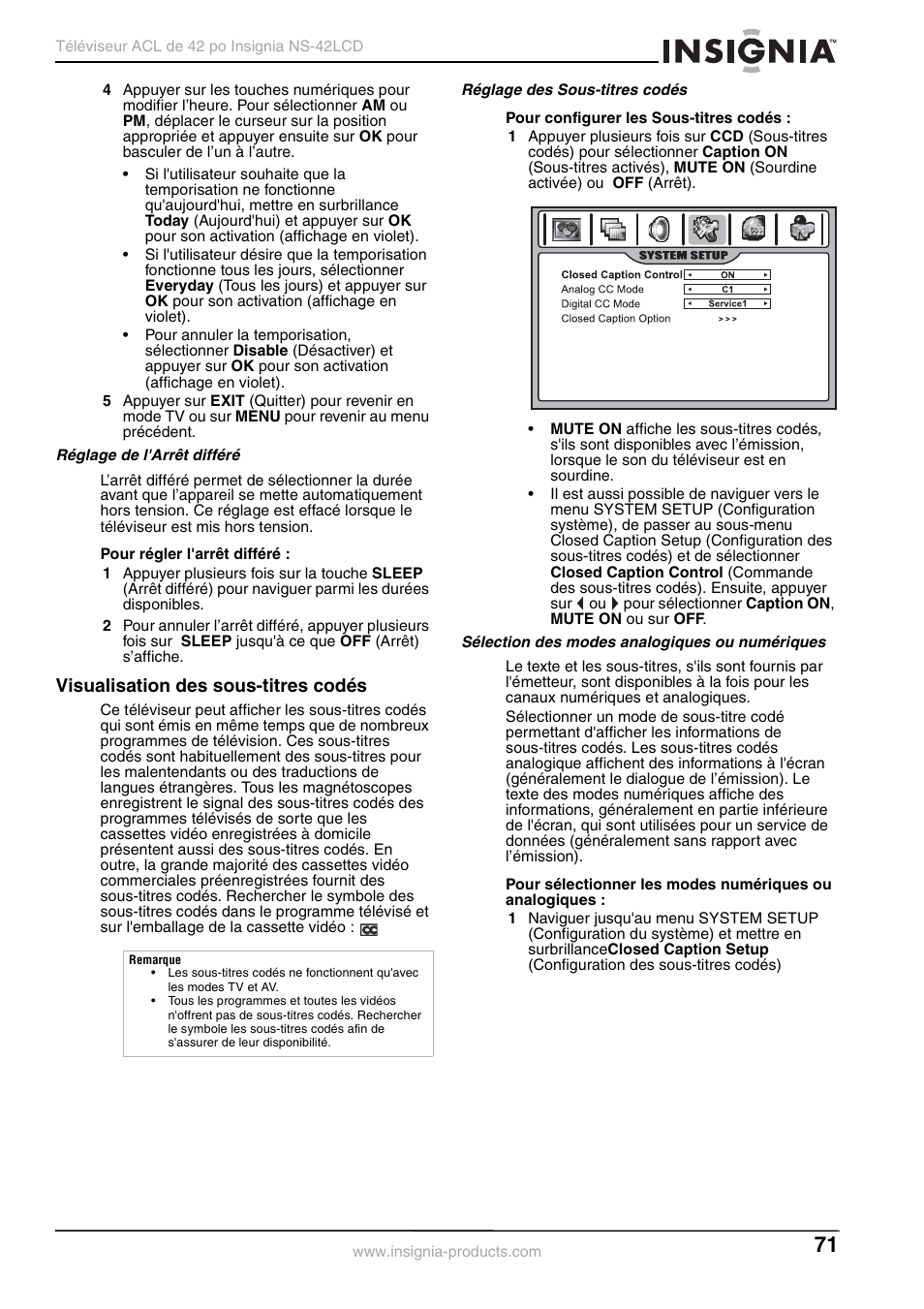 Visualisation des sous-titres codés | Insignia NS-42 User Manual | Page 71 / 124