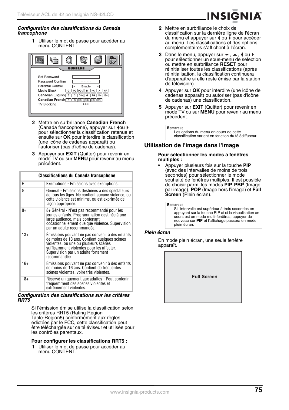 Utilisation de l'image dans l'image | Insignia NS-42 User Manual | Page 75 / 124