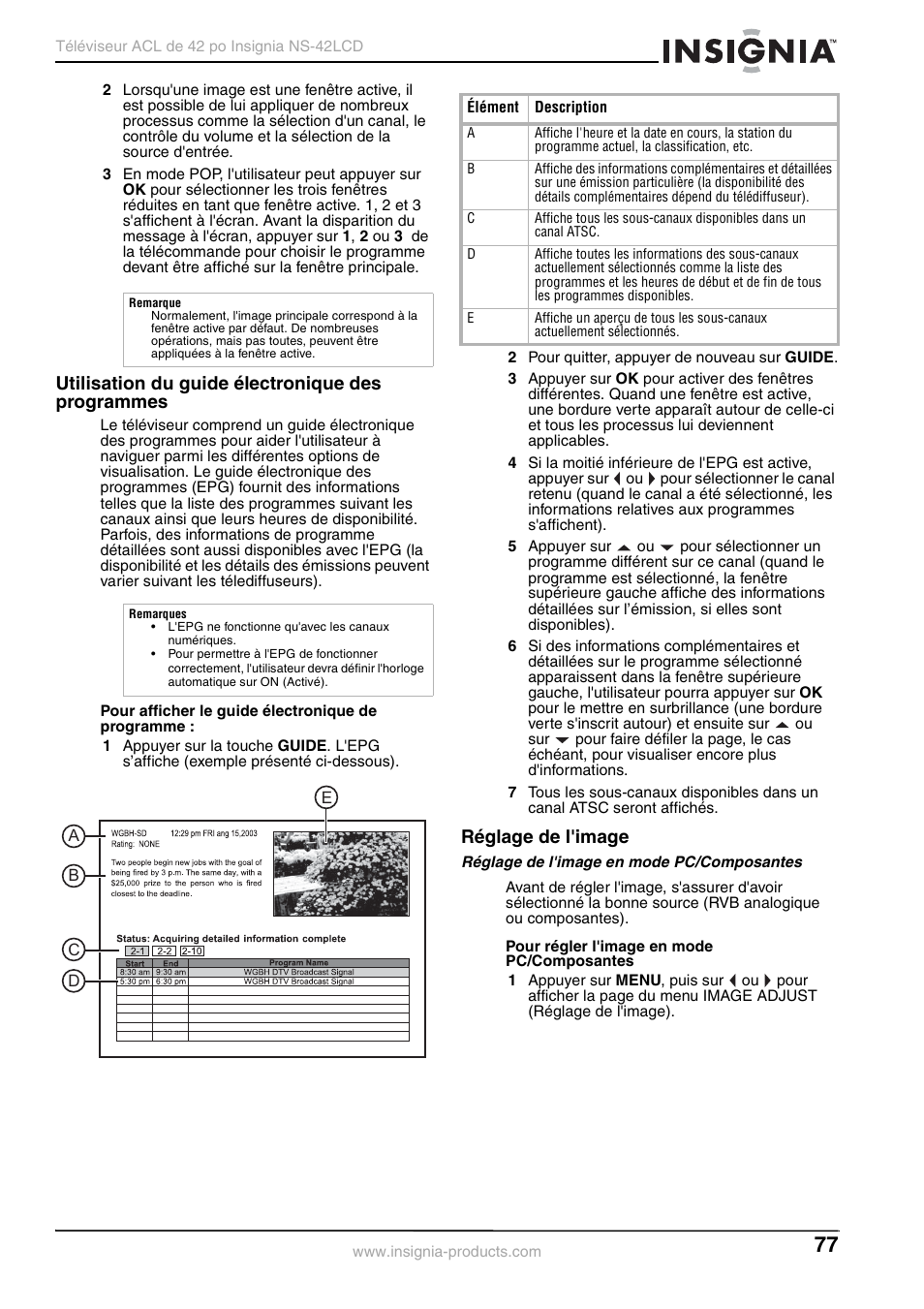 Utilisation du guide électronique des programmes, Réglage de l'image | Insignia NS-42 User Manual | Page 77 / 124