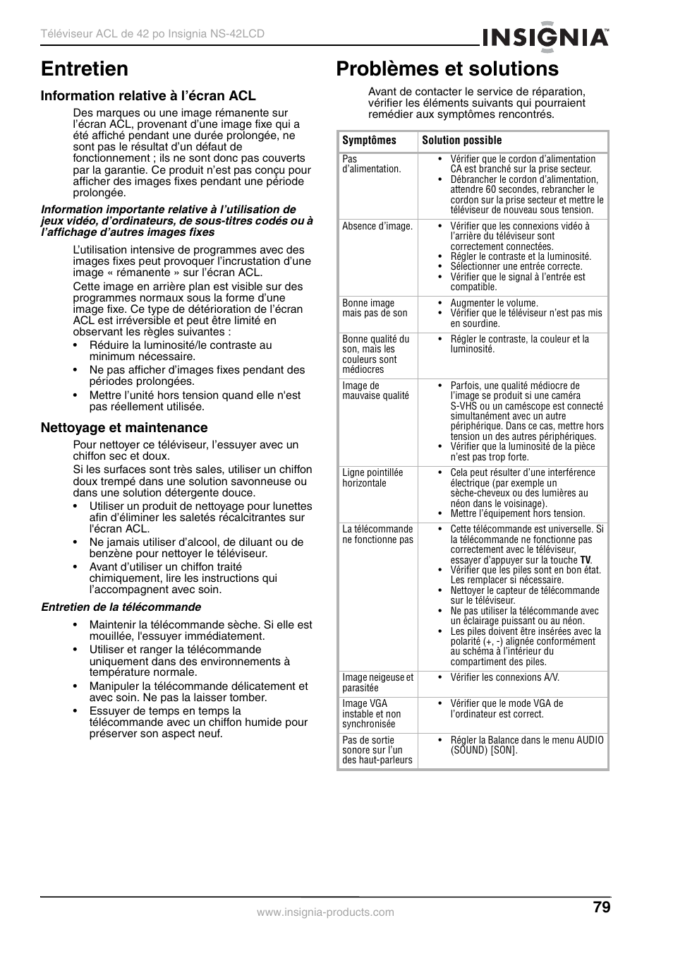 Entretien, Problèmes et solutions, Information relative à l’écran acl | Nettoyage et maintenance | Insignia NS-42 User Manual | Page 79 / 124