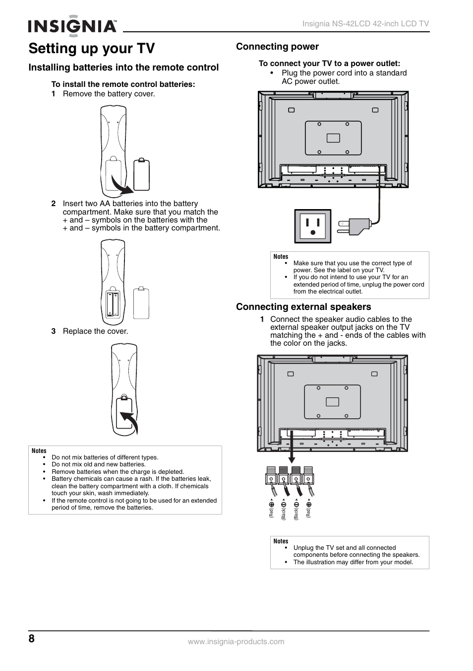 Setting up your tv, Installing batteries into the remote control, Connecting power | Connecting external speakers | Insignia NS-42 User Manual | Page 8 / 124