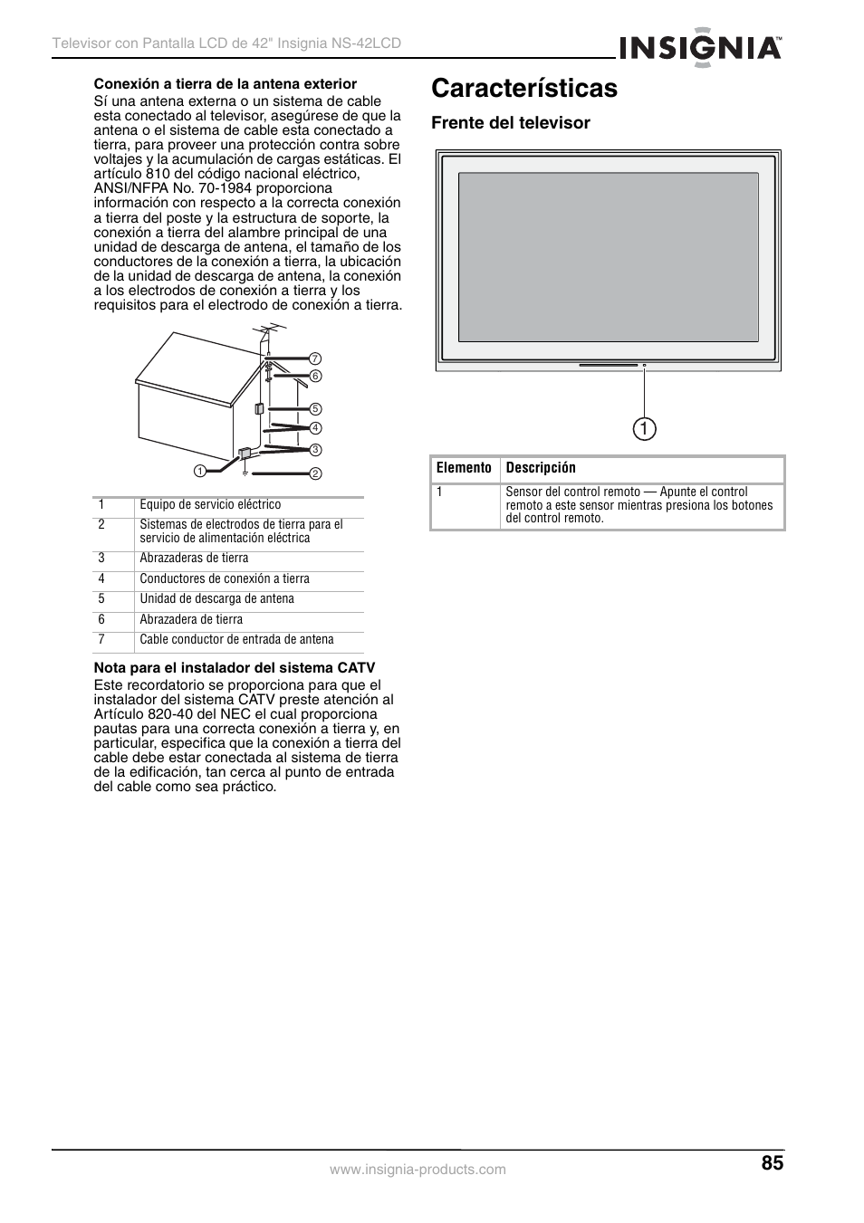 Características, Frente del televisor | Insignia NS-42 User Manual | Page 85 / 124