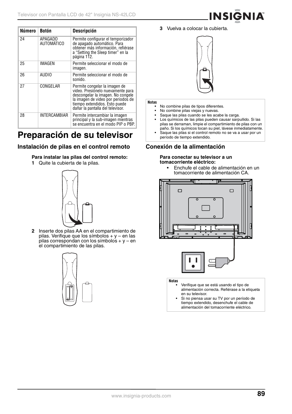 Preparación de su televisor, Instalación de pilas en el control remoto, Conexión de la alimentación | Insignia NS-42 User Manual | Page 89 / 124