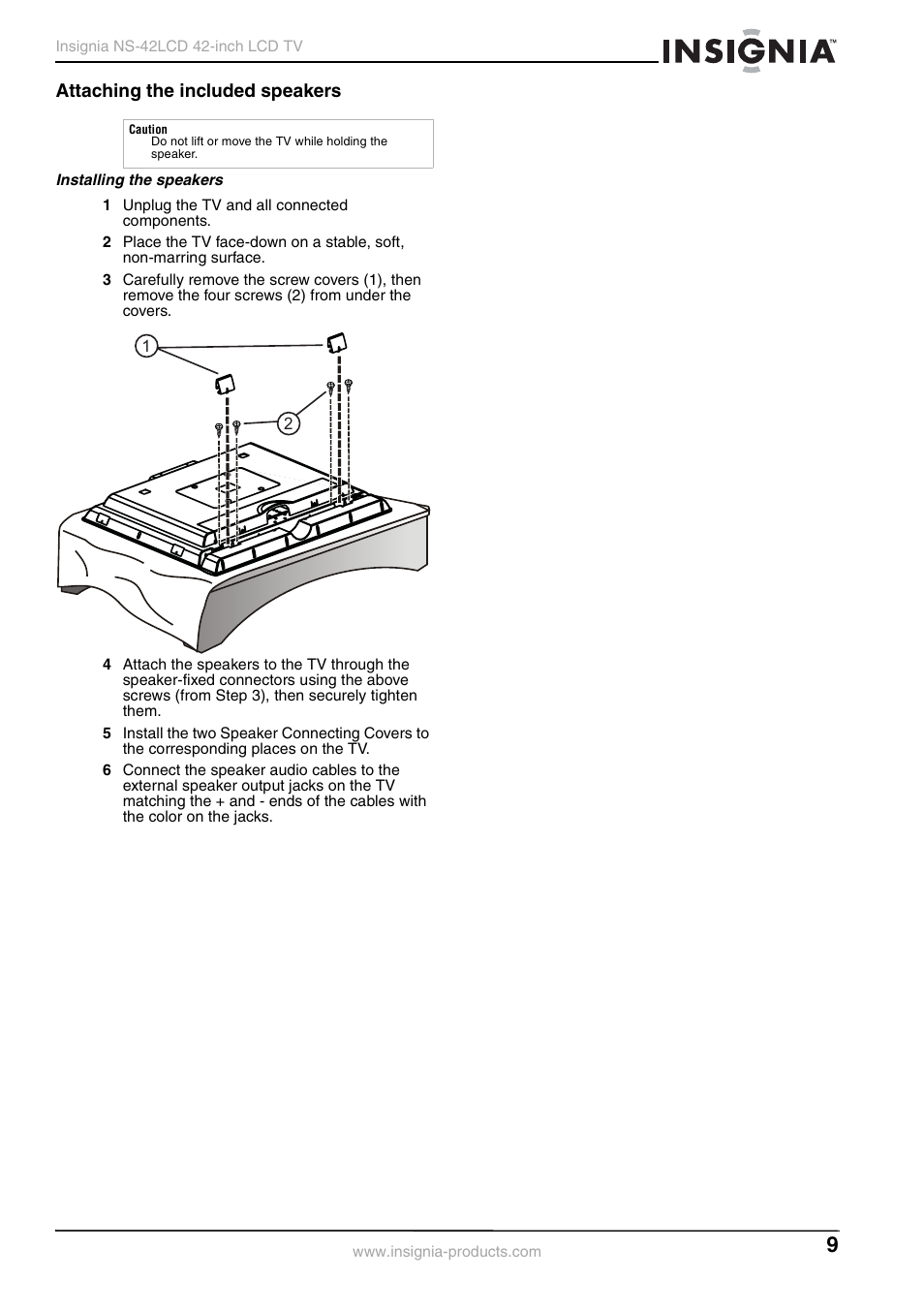 Attaching the included speakers | Insignia NS-42 User Manual | Page 9 / 124