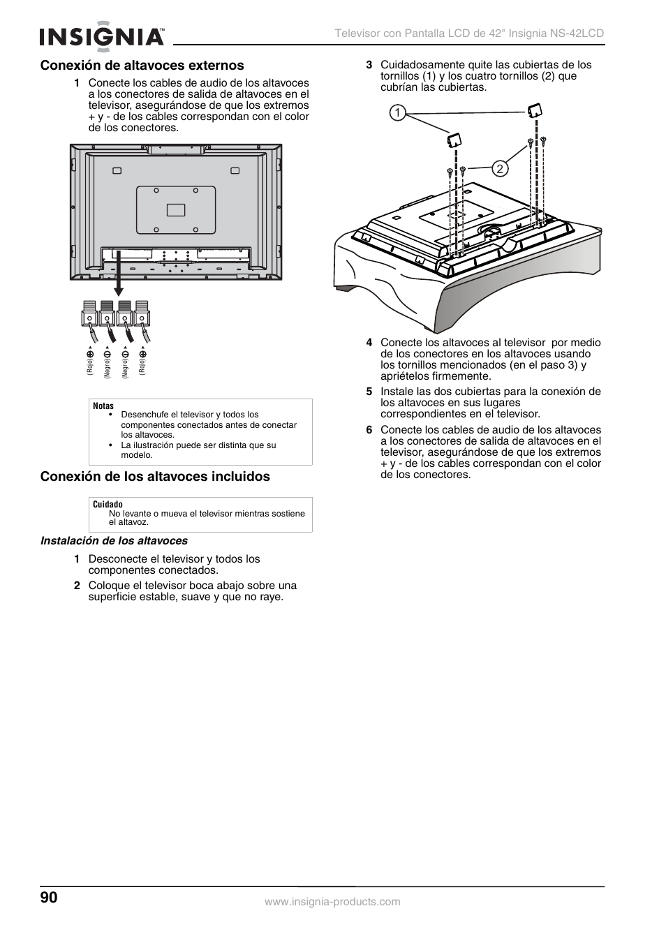 Conexión de altavoces externos, Conexión de los altavoces incluidos | Insignia NS-42 User Manual | Page 90 / 124