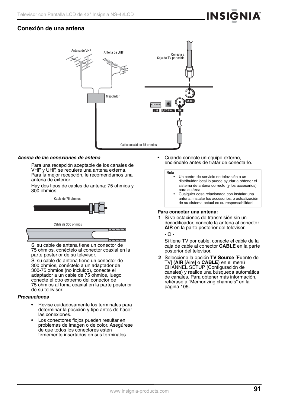 Conexión de una antena | Insignia NS-42 User Manual | Page 91 / 124