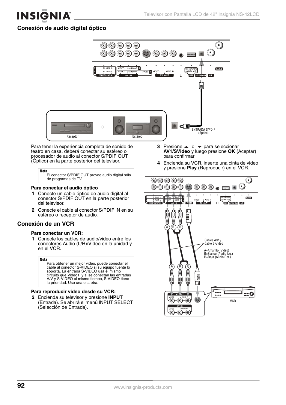 Conexión de audio digital óptico, Conexión de un vcr | Insignia NS-42 User Manual | Page 92 / 124