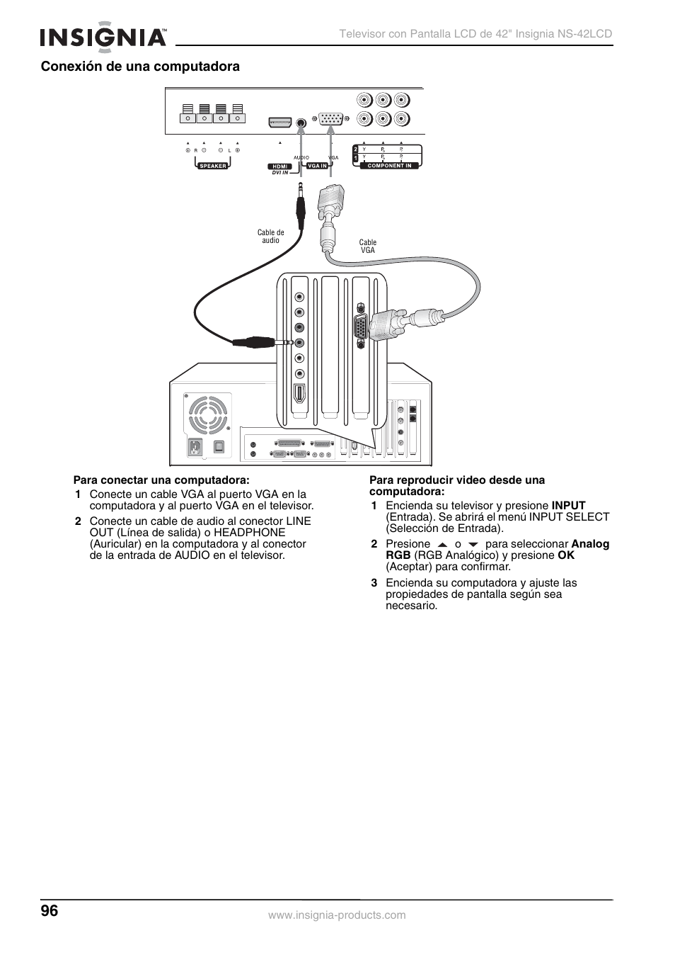 Conexión de una computadora | Insignia NS-42 User Manual | Page 96 / 124