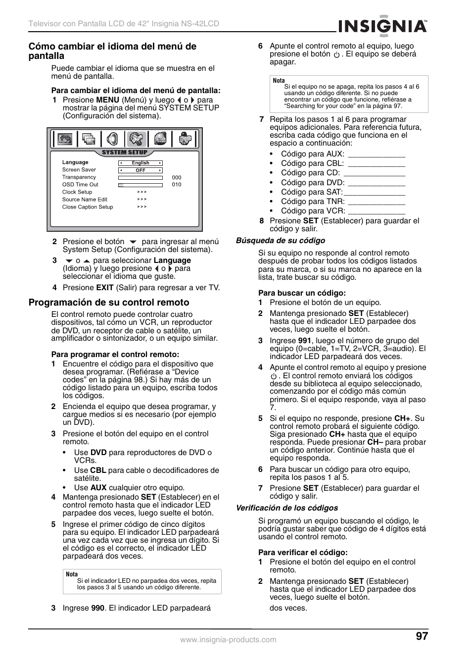 Cómo cambiar el idioma del menú de pantalla, Programación de su control remoto | Insignia NS-42 User Manual | Page 97 / 124