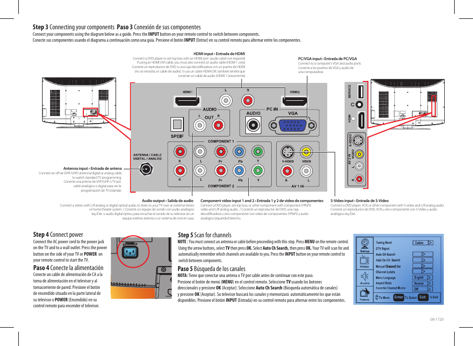 Step 4 connect power, Paso 4 conecte la alimentación, Step 5 scan for channels | Paso 5 búsqueda de los canales | Insignia NS-LCD47HD-09 User Manual | Page 2 / 2
