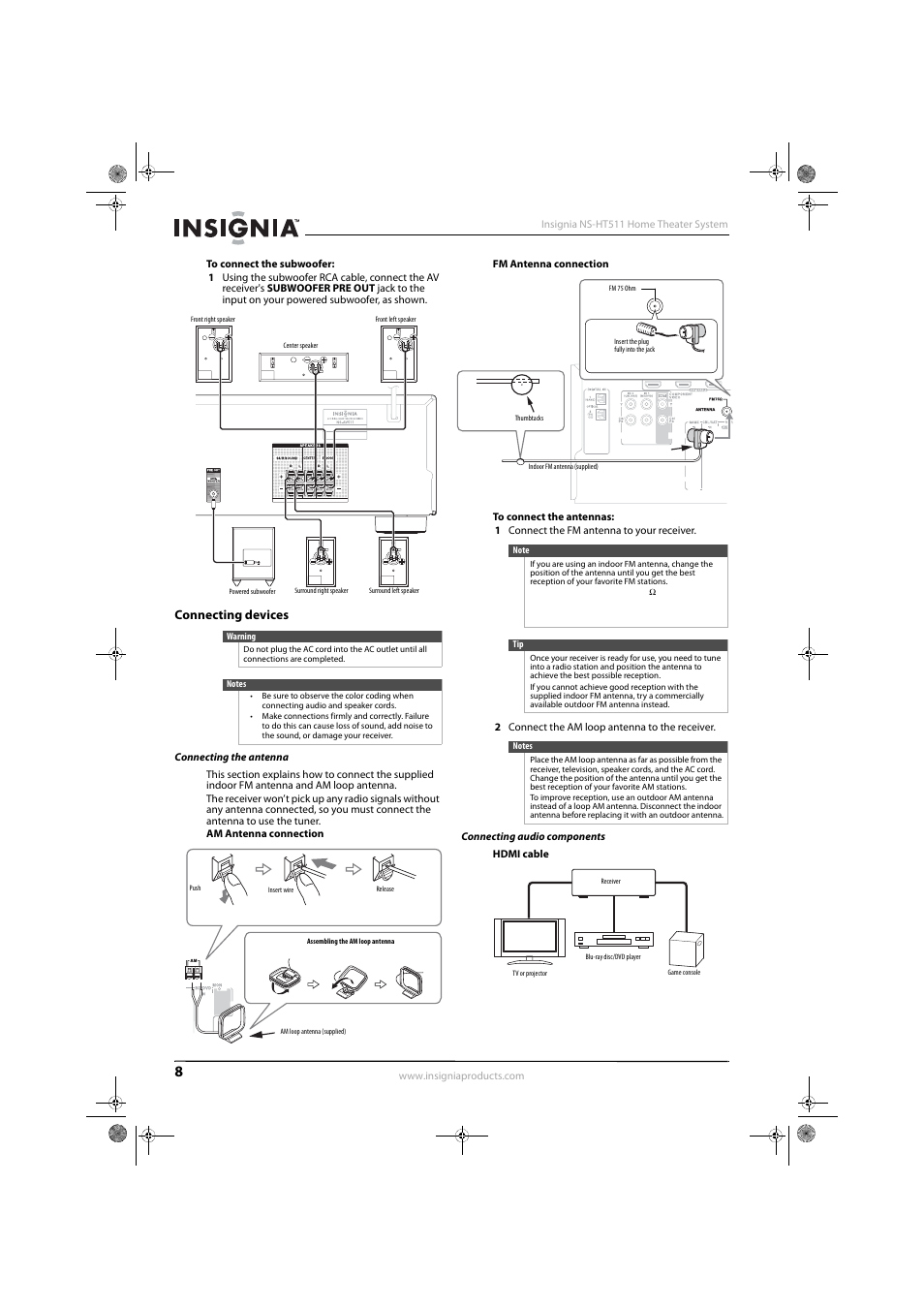 Connecting devices, Connecting the antenna, Connecting audio components | Insignia NS-HT511 User Manual | Page 12 / 42