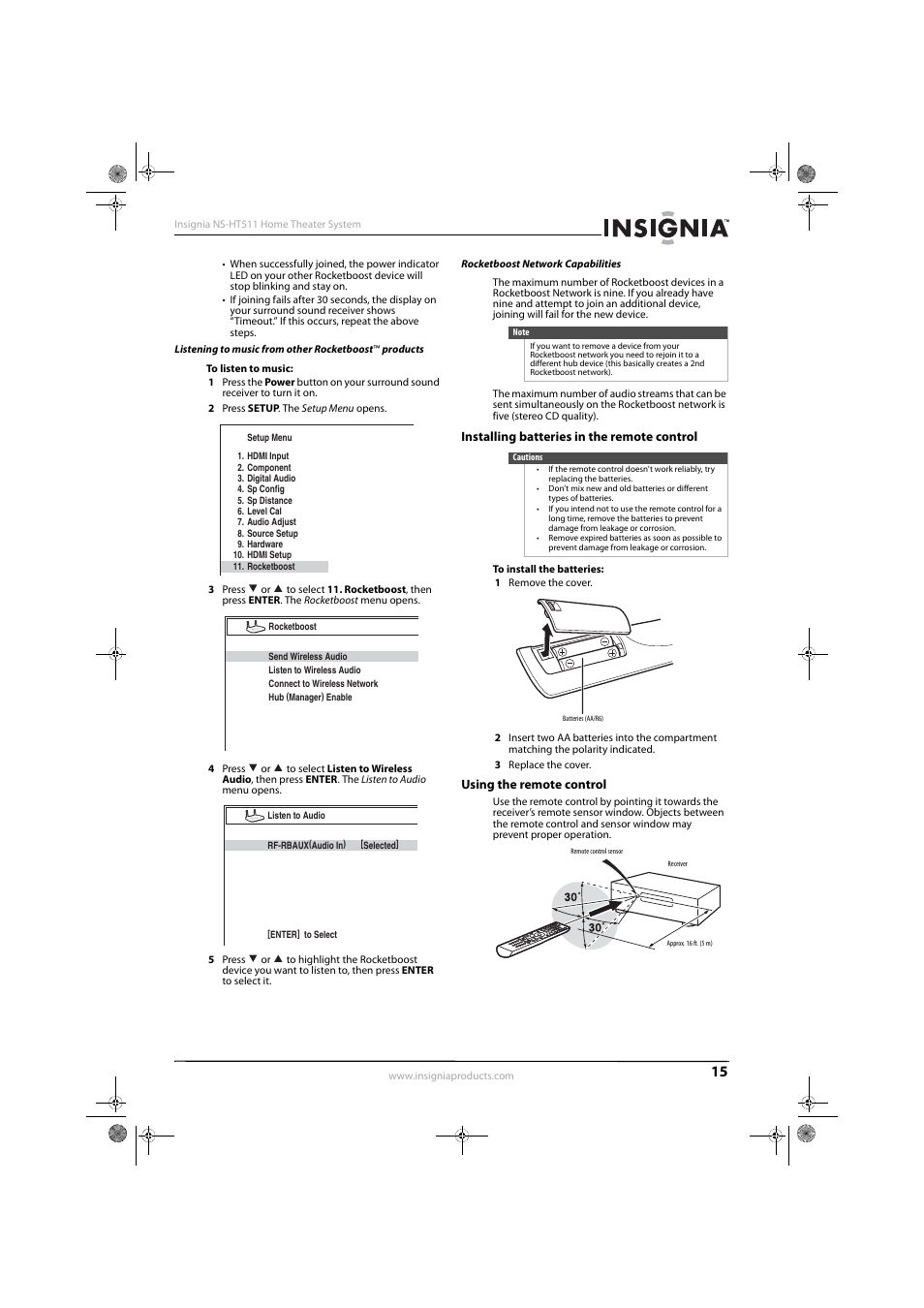Rocketboost network capabilities, Installing batteries in the remote control, Using the remote control | Insignia NS-HT511 User Manual | Page 19 / 42