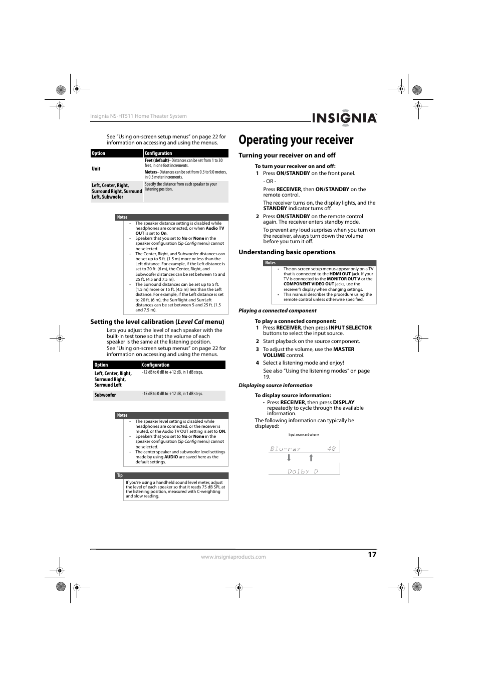 Setting the level calibration (level cal menu), Operating your receiver, Turning your receiver on and off | Understanding basic operations, Playing a connected component, Displaying source information | Insignia NS-HT511 User Manual | Page 21 / 42