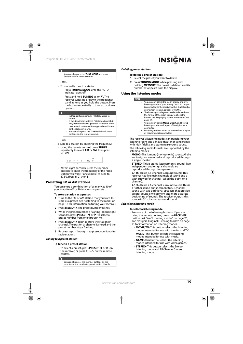 Presetting fm or am stations, Tuning to a preset station, Deleting preset stations | Using the listening modes, Selecting a listening mode, Using the listening modes” on | Insignia NS-HT511 User Manual | Page 23 / 42