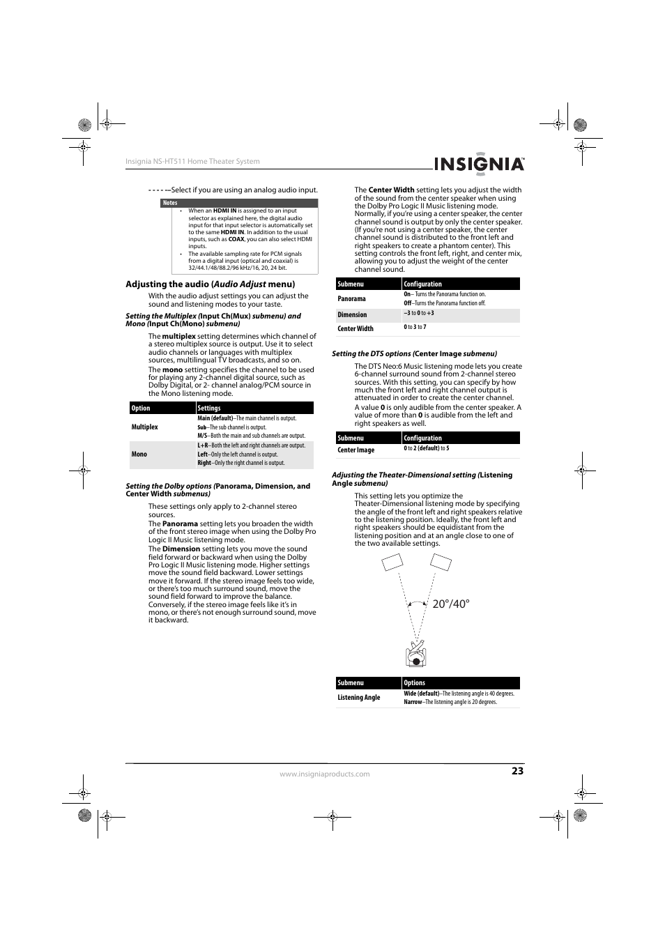 Adjusting the audio (audio adjust menu), Setting the dts options (center image submenu) | Insignia NS-HT511 User Manual | Page 27 / 42