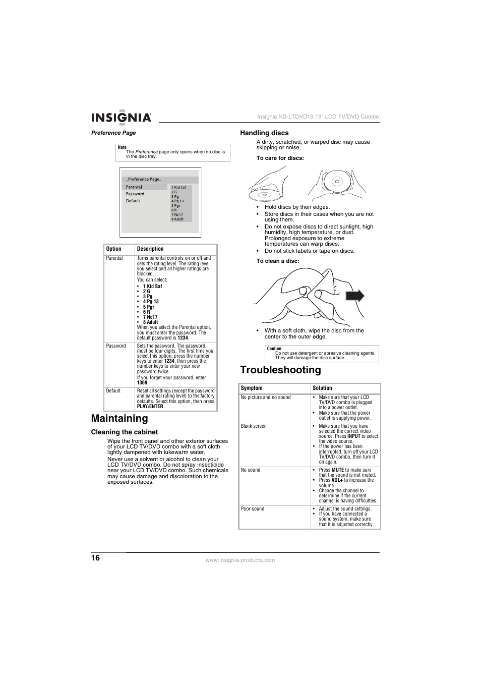 Maintaining, Troubleshooting | Insignia NS-LTDVD19 User Manual | Page 18 / 68