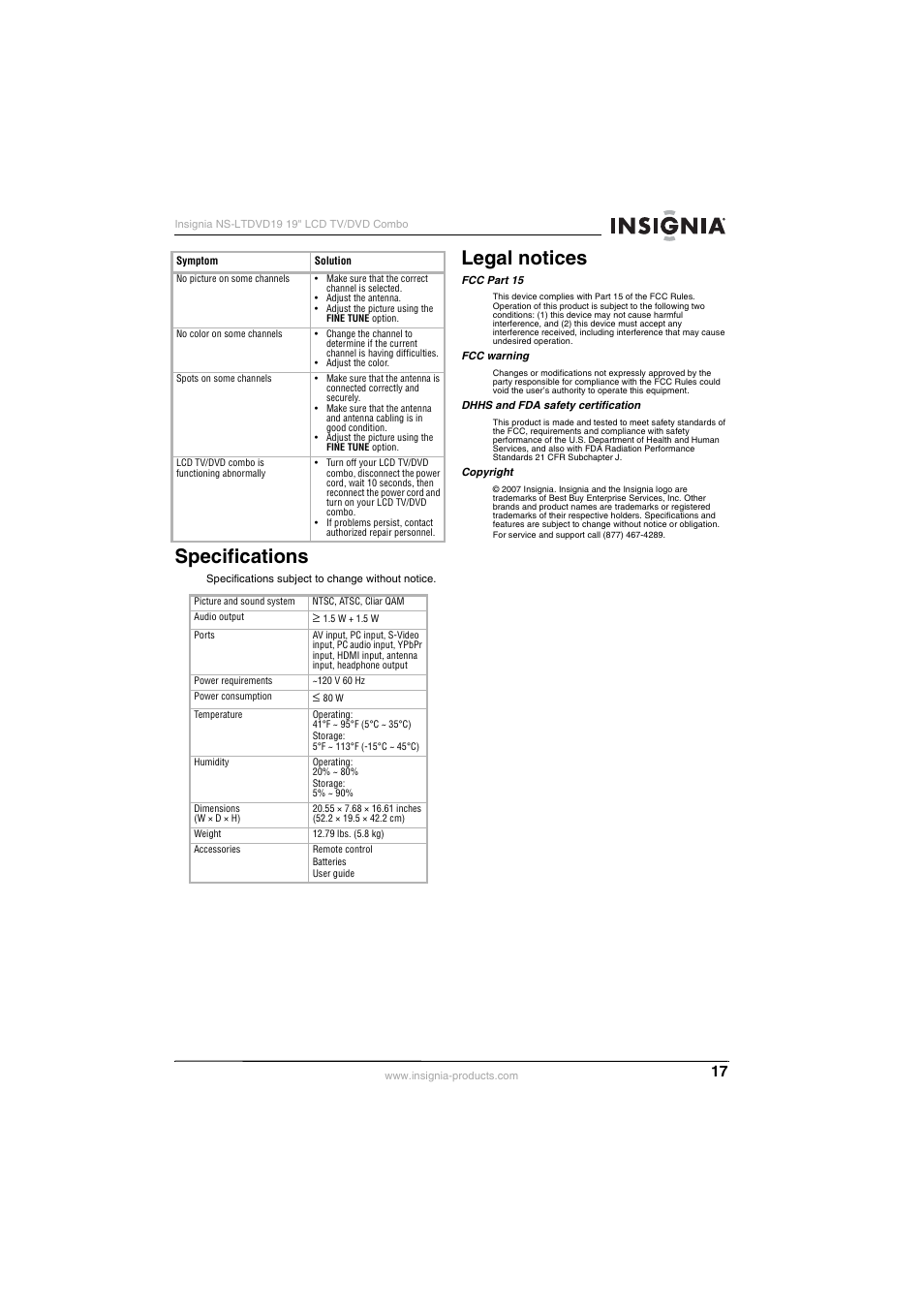 Specifications, Legal notices | Insignia NS-LTDVD19 User Manual | Page 19 / 68