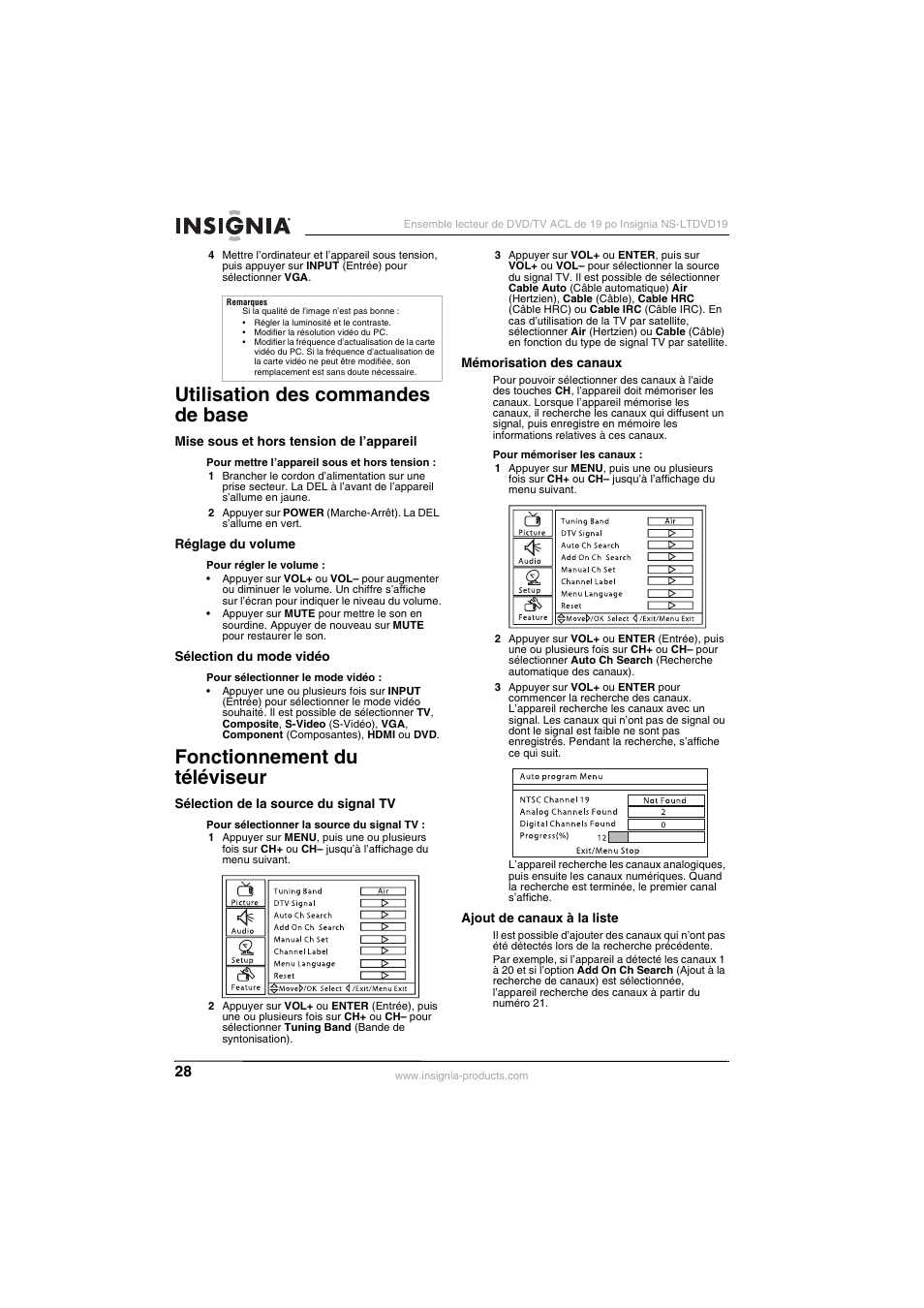Utilisation des commandes de base, Fonctionnement du téléviseur | Insignia NS-LTDVD19 User Manual | Page 30 / 68